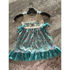 Girls Floral Easter Bunny Applique Ruffle Dress Turquoise Cream